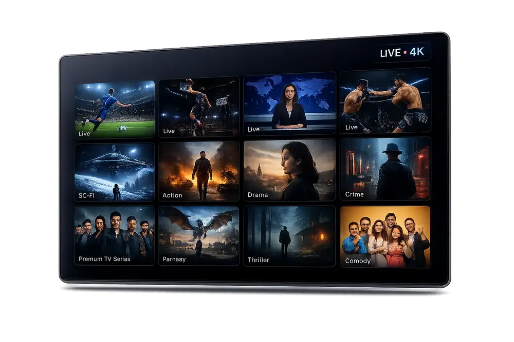 Watch live TV, sports, and movies in 4K with terma iptv terma iptv IPTV interface showing live sports, news, and 4K movie channels on a Smart TV